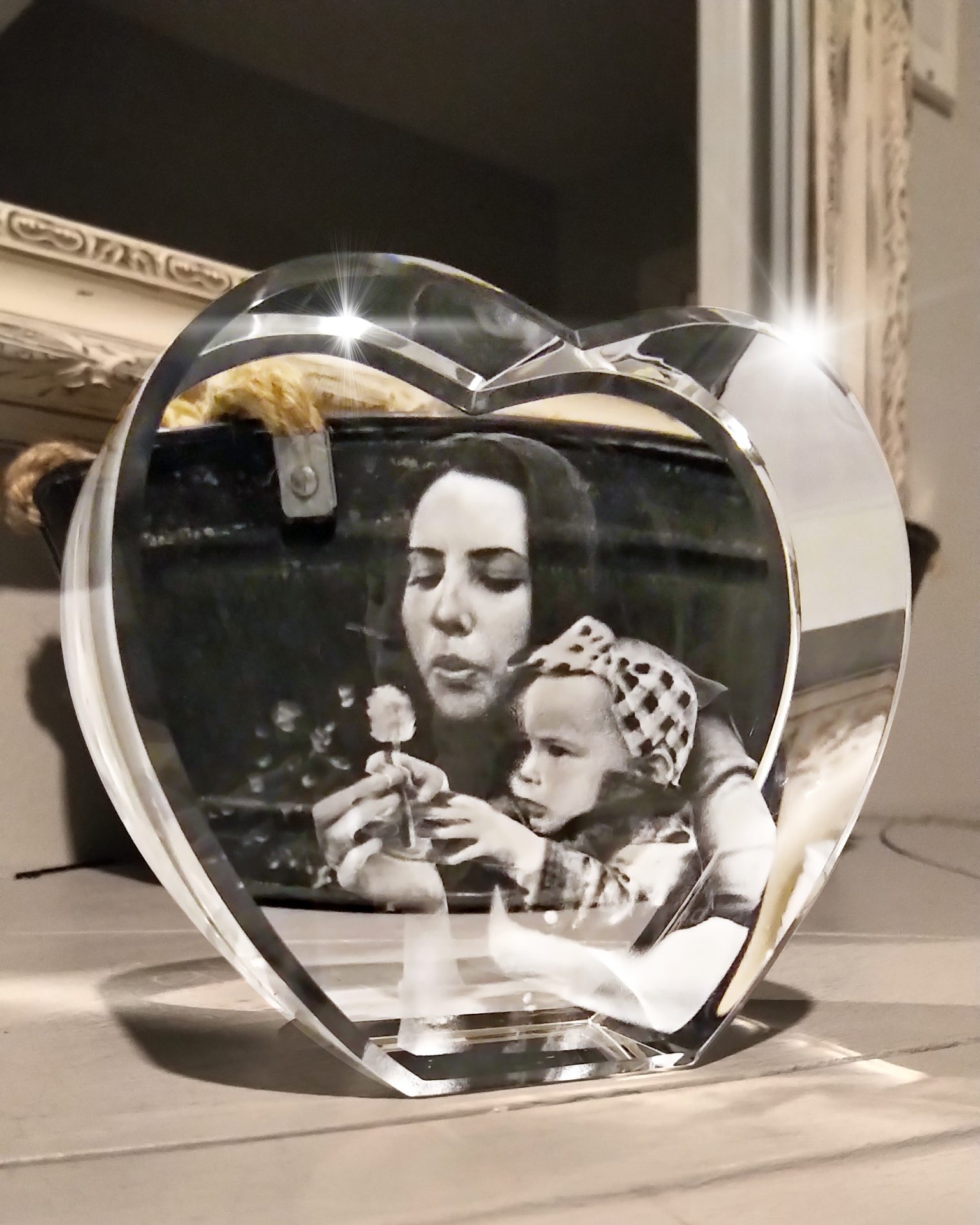3D crystal heart engraved with personalised photo