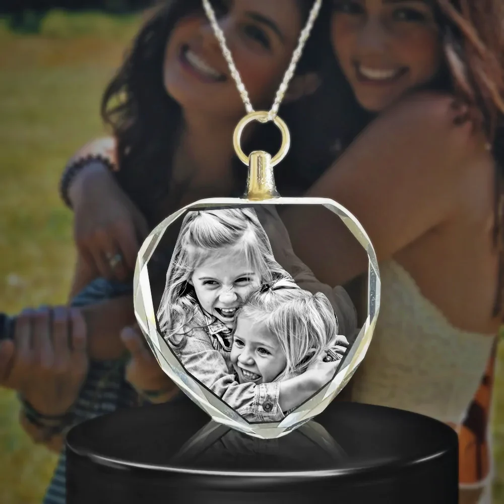 crystal heart necklace engraved with personalised photo